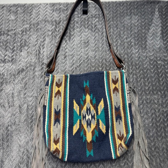 Handmade Handbags - Handmade Southwestern Wool Fringe Blanket Crossbody Bag Tooled Leather Strap